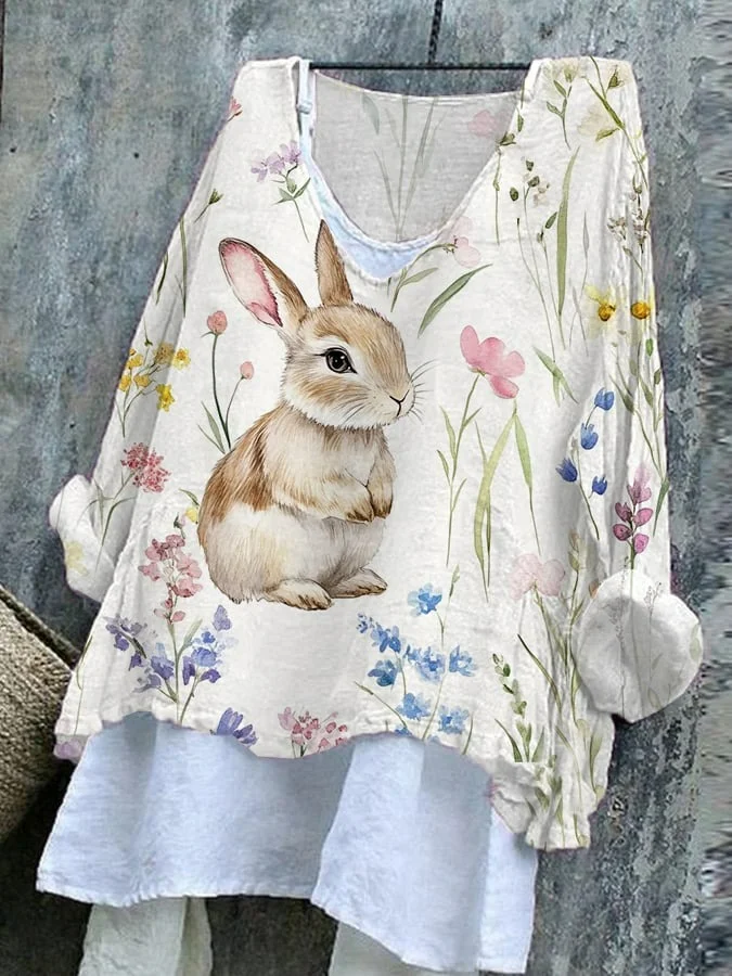 Vintage Easter (rabbit) V Neck Long Sleeve T-shirt