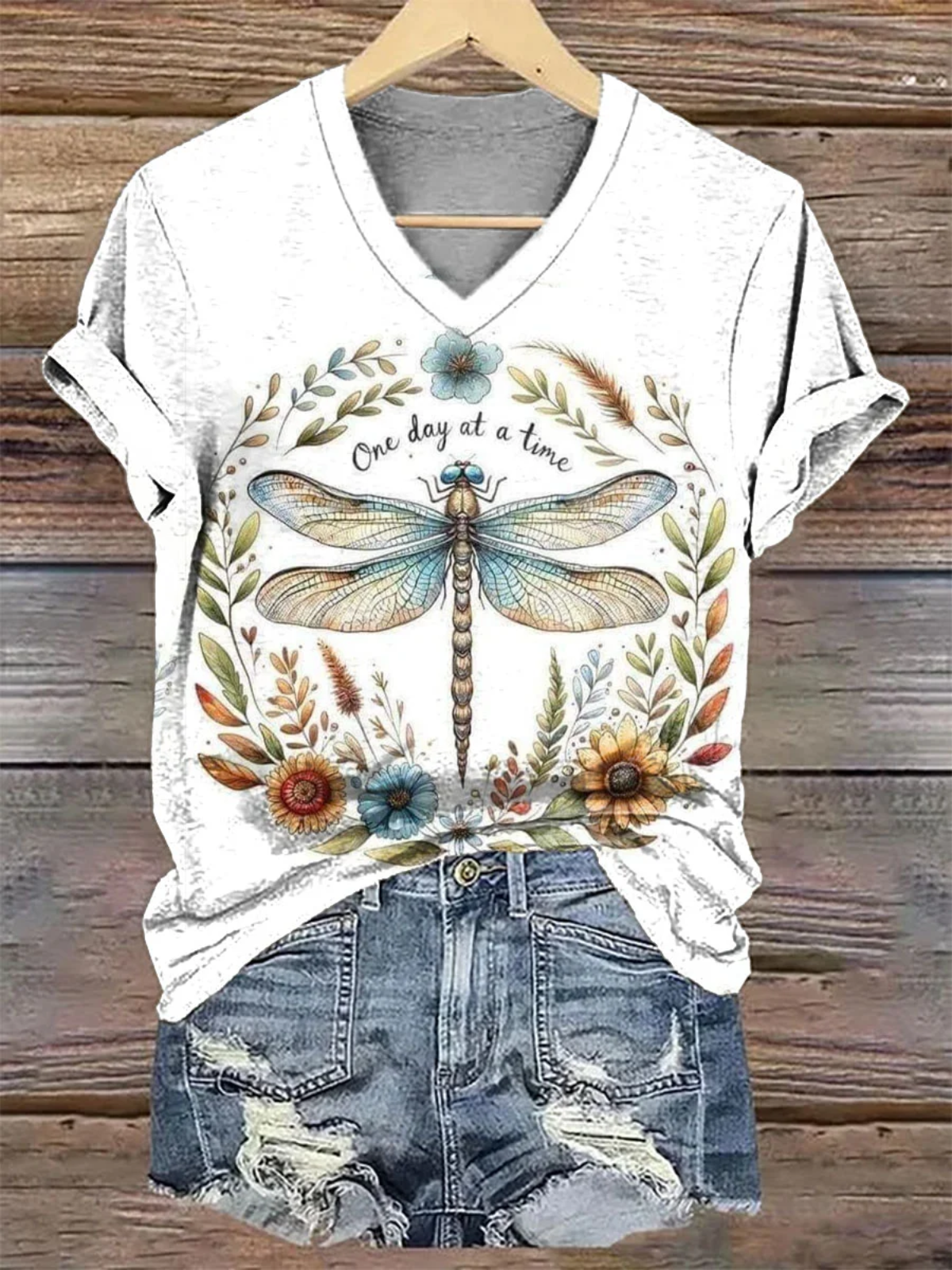 Casual Floral Dragonfly Print V Neck Short Sleeve T-shirt