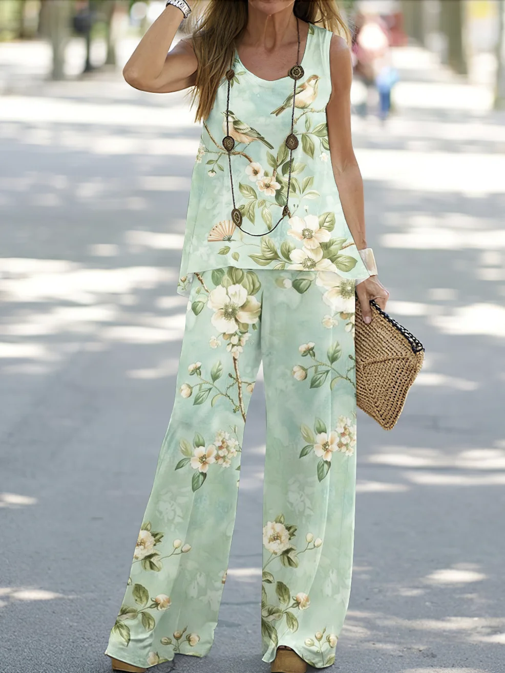 Women Floral Crew Neck Sleeveless Comfy Casual Two-Piece Set