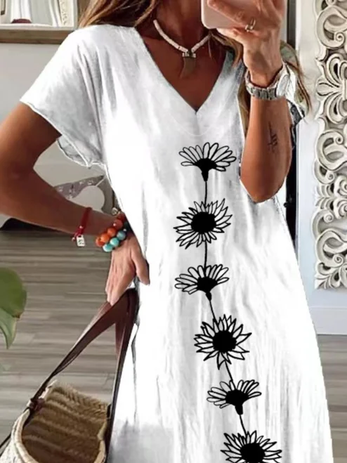 Women Floral V Neck Short Sleeve Comfy Casual Printing Maxi Dress