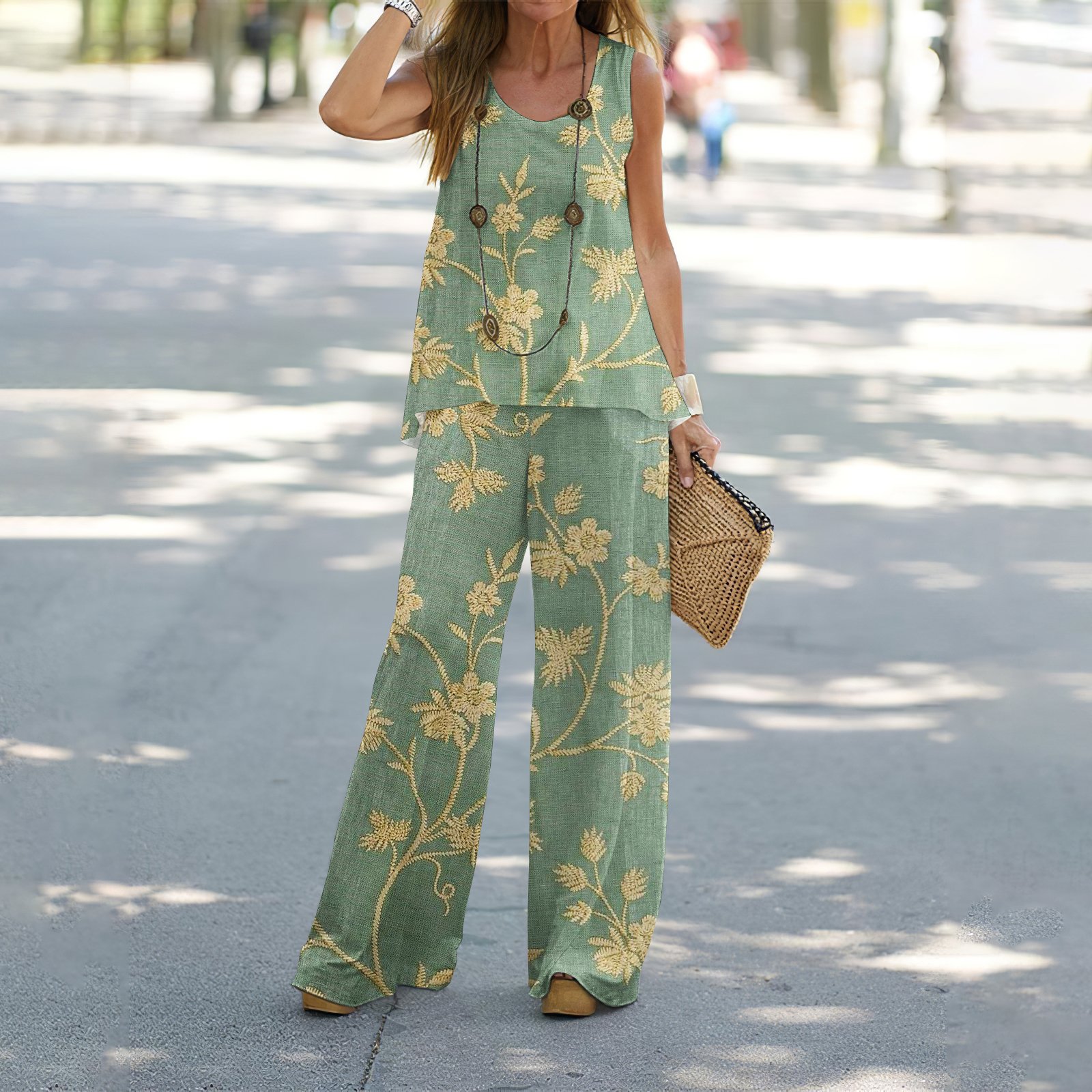 Women Floral Crew Neck Sleeveless Comfy Casual Two-Piece Set