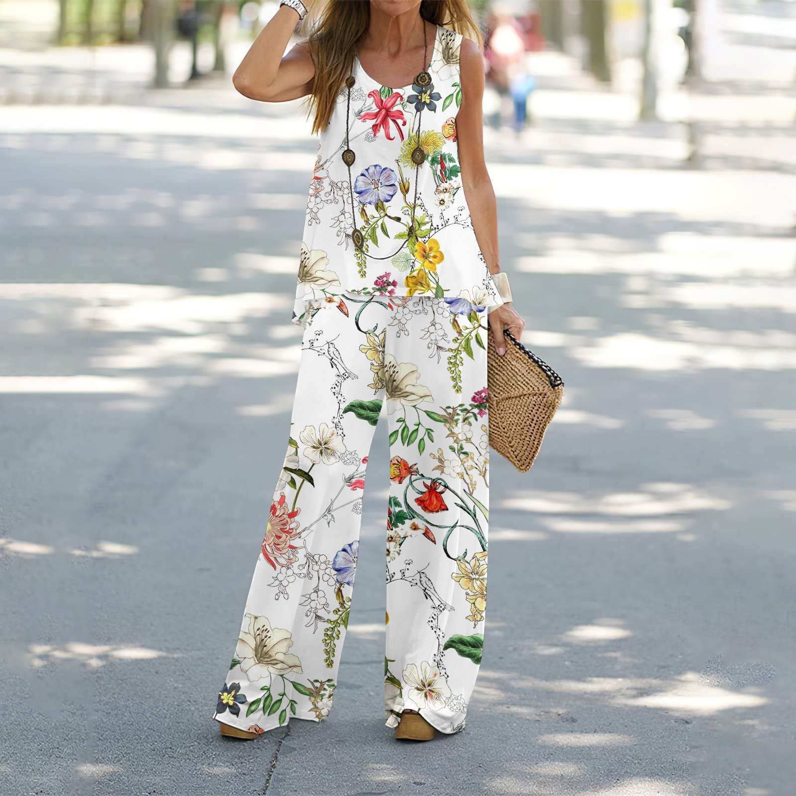 Women Floral Crew Neck Sleeveless Comfy Casual Two-Piece Set