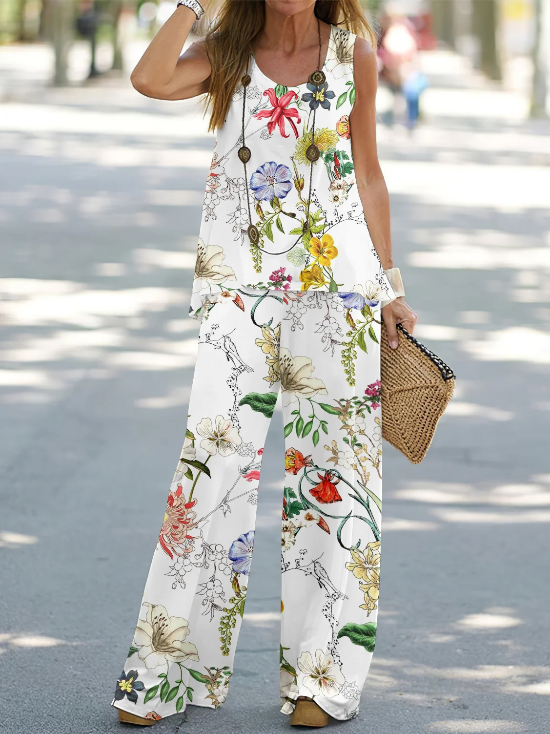 Women Floral Crew Neck Sleeveless Comfy Casual Two-Piece Set