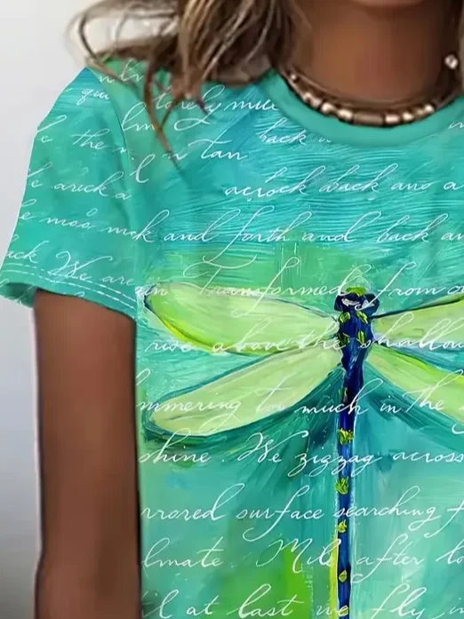 Casual Dragonfly Crew Neck Short Sleeve T-shirt
