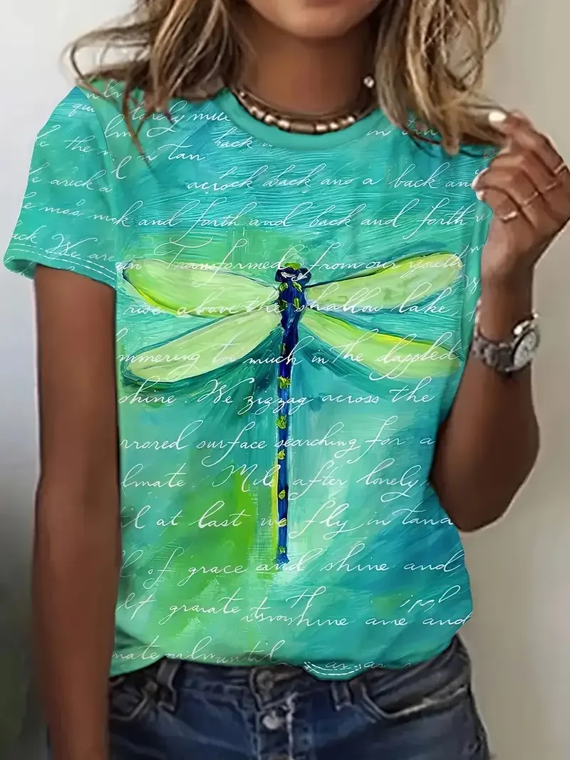 Casual Dragonfly Crew Neck Short Sleeve T-shirt