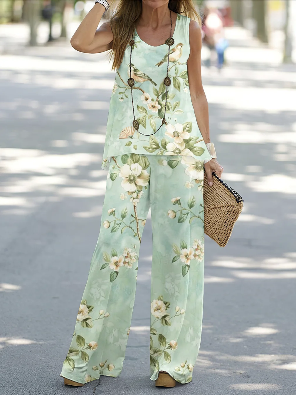 Women Floral Crew Neck Sleeveless Comfy Casual Two-Piece Set