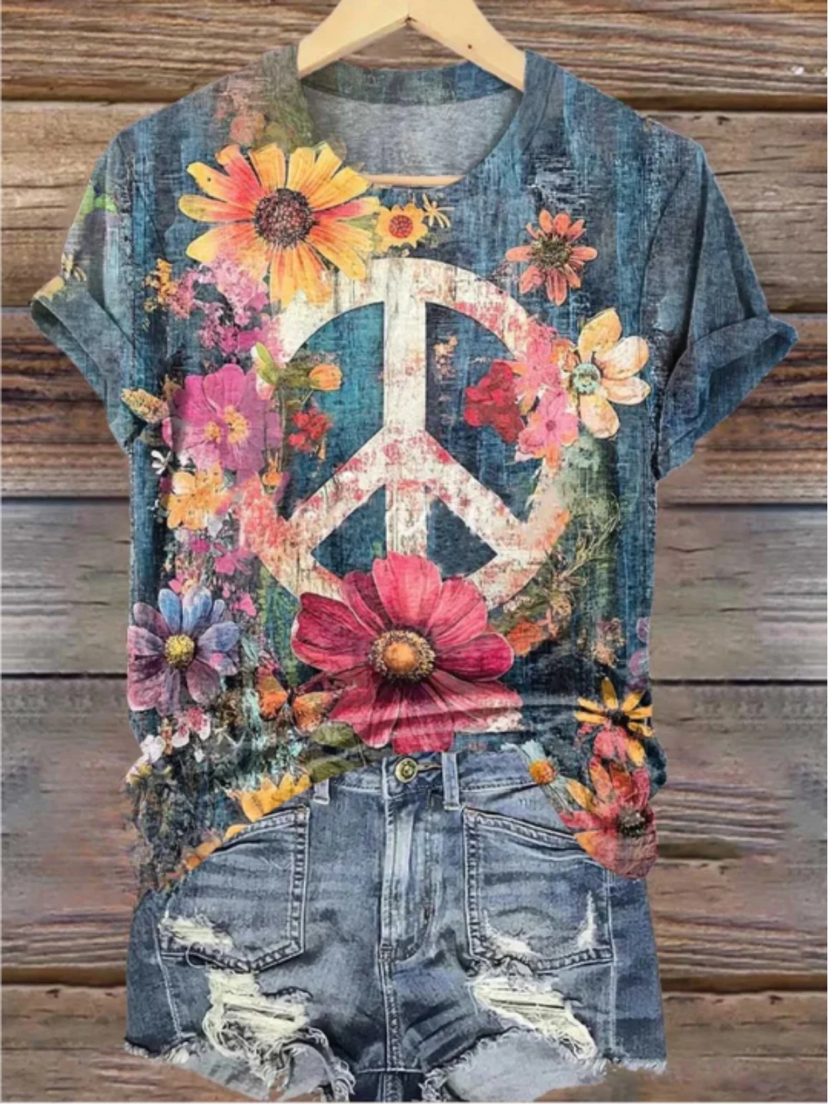 Women Floral Peace Sign Love And Peace Cozy T-shirt