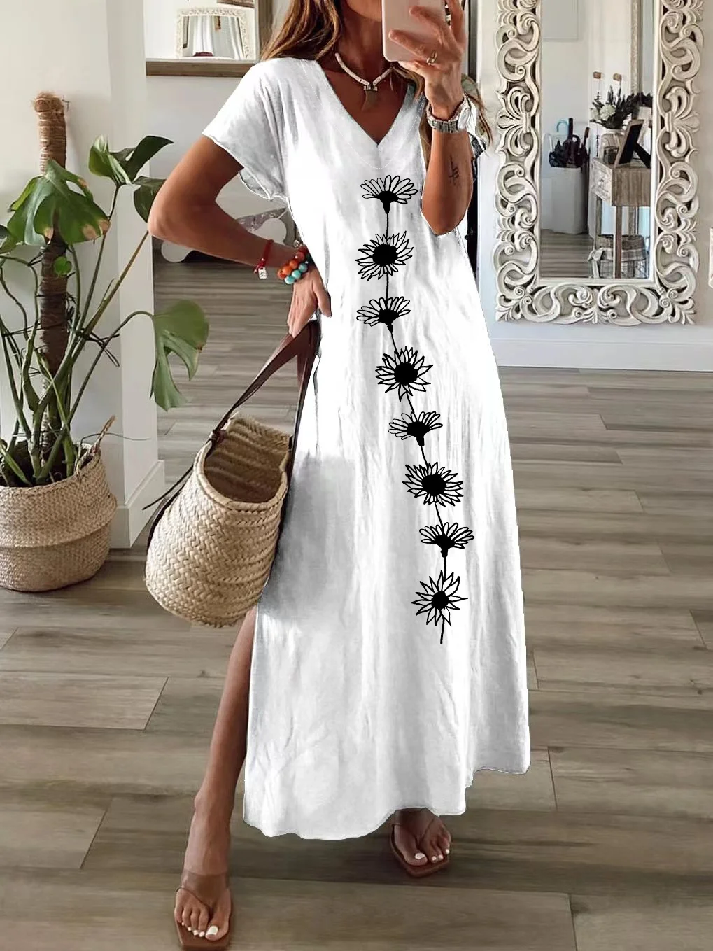 Women Floral V Neck Short Sleeve Comfy Casual Printing Maxi Dress