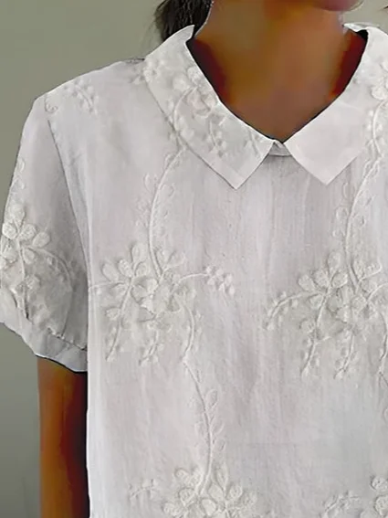 Shawl Collar Short Sleeve Floral Printing Lightweight Loose Shirt For Women