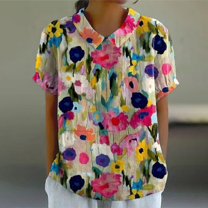 Shawl Collar Half Sleeve Floral Regular Loose Blouse For Women