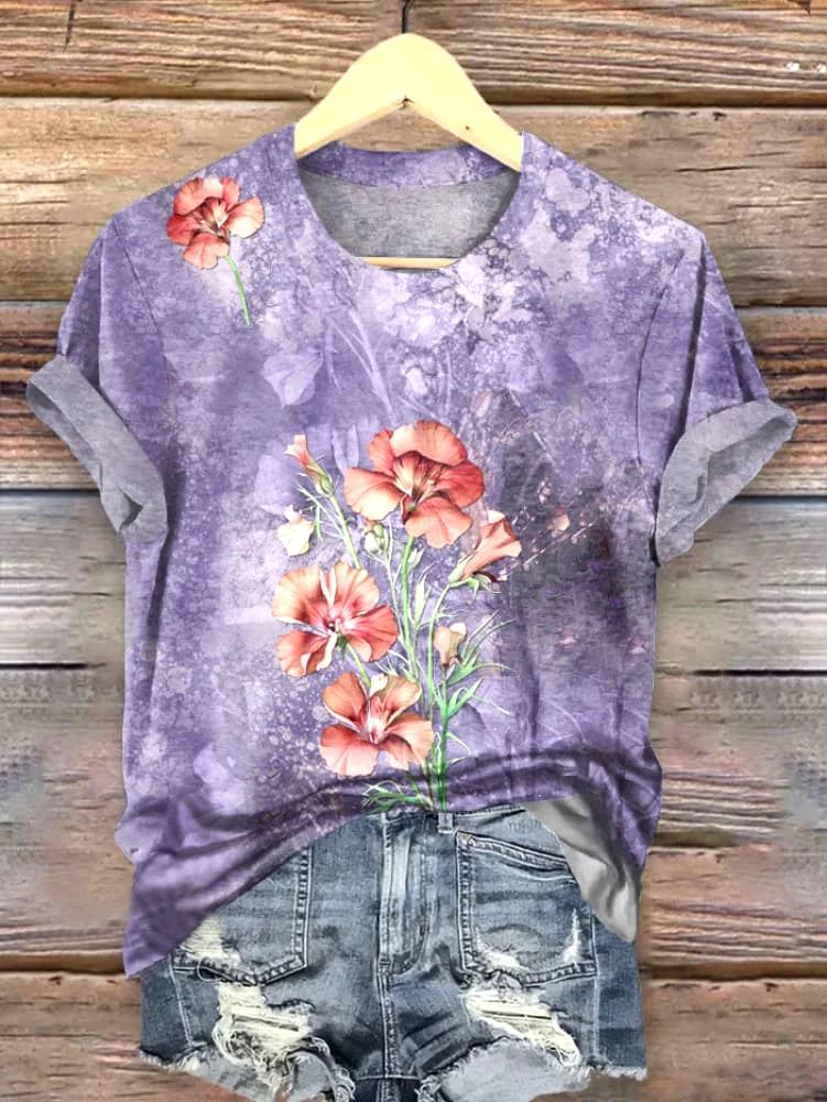 Casual Floral Crew Neck Short Sleeve T-shirt