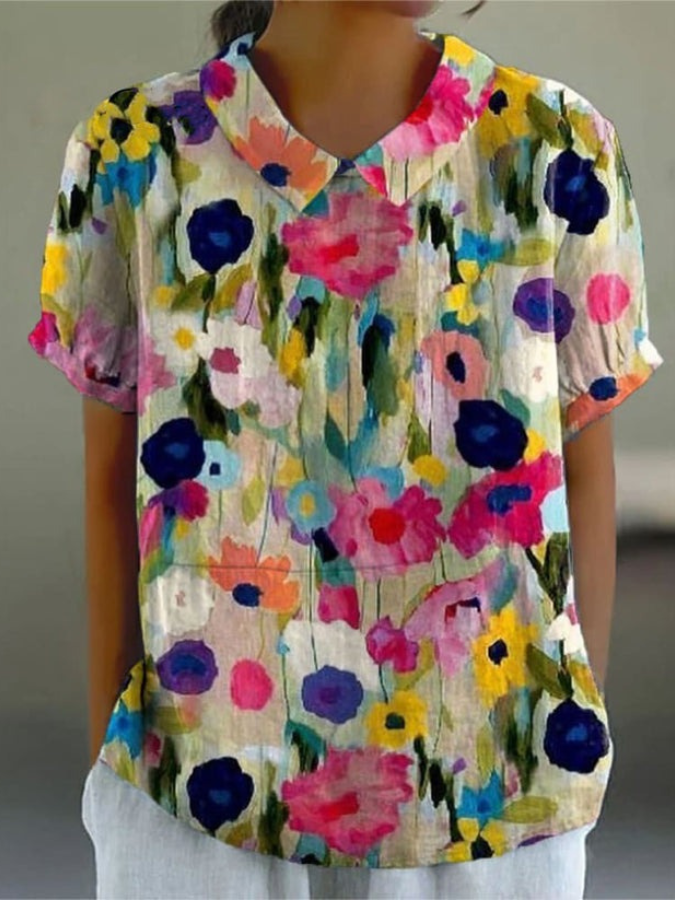 Shawl Collar Half Sleeve Floral Regular Loose Blouse For Women