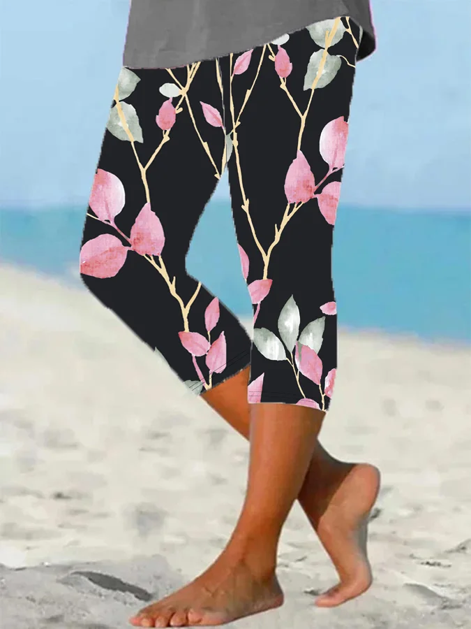 Casual Floral Printing Capris Elastic Waist Leggings