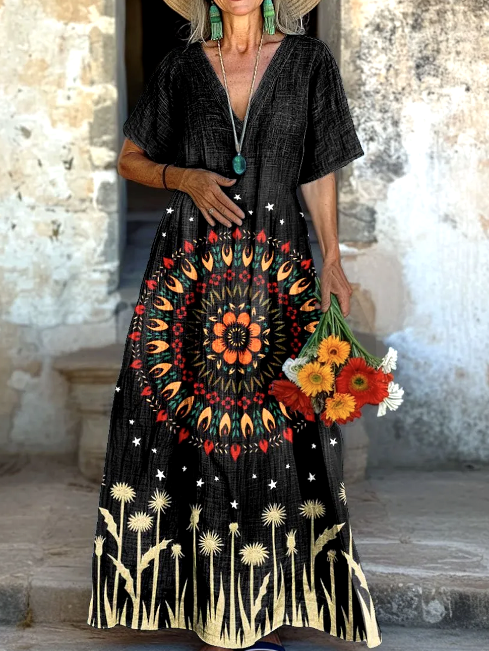 Women Floral V Neck Short Sleeve Comfy Casual Maxi Dress