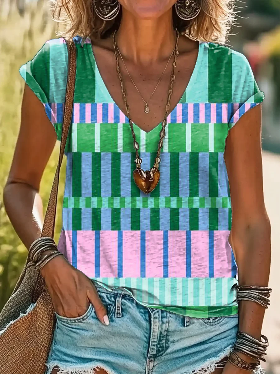 Casual Geometric V Neck Short Sleeve T-shirt