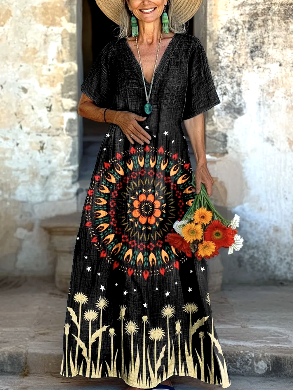 Women Floral V Neck Short Sleeve Comfy Casual Maxi Dress