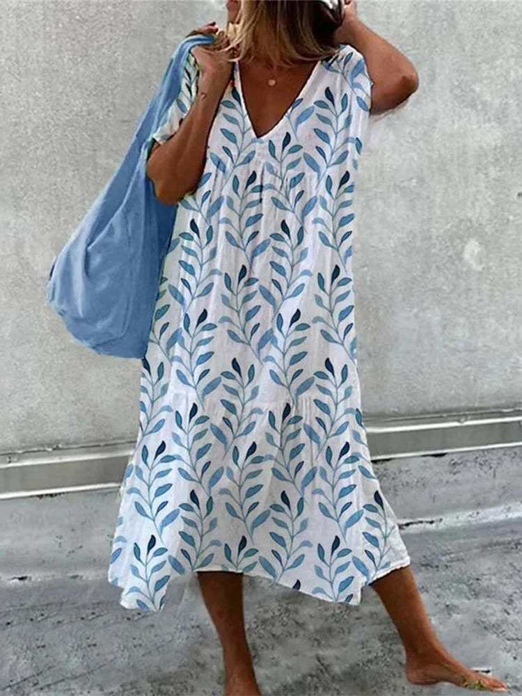 Women Plants V Neck Sleeveless Comfy Casual Maxi Dress