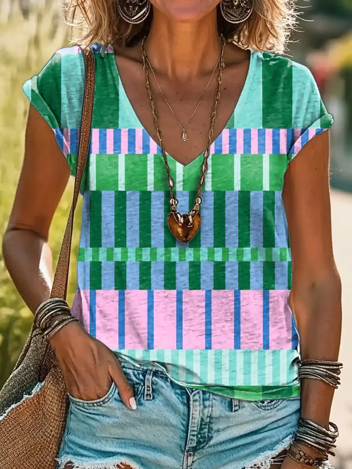 Casual Geometric V Neck Short Sleeve T-shirt