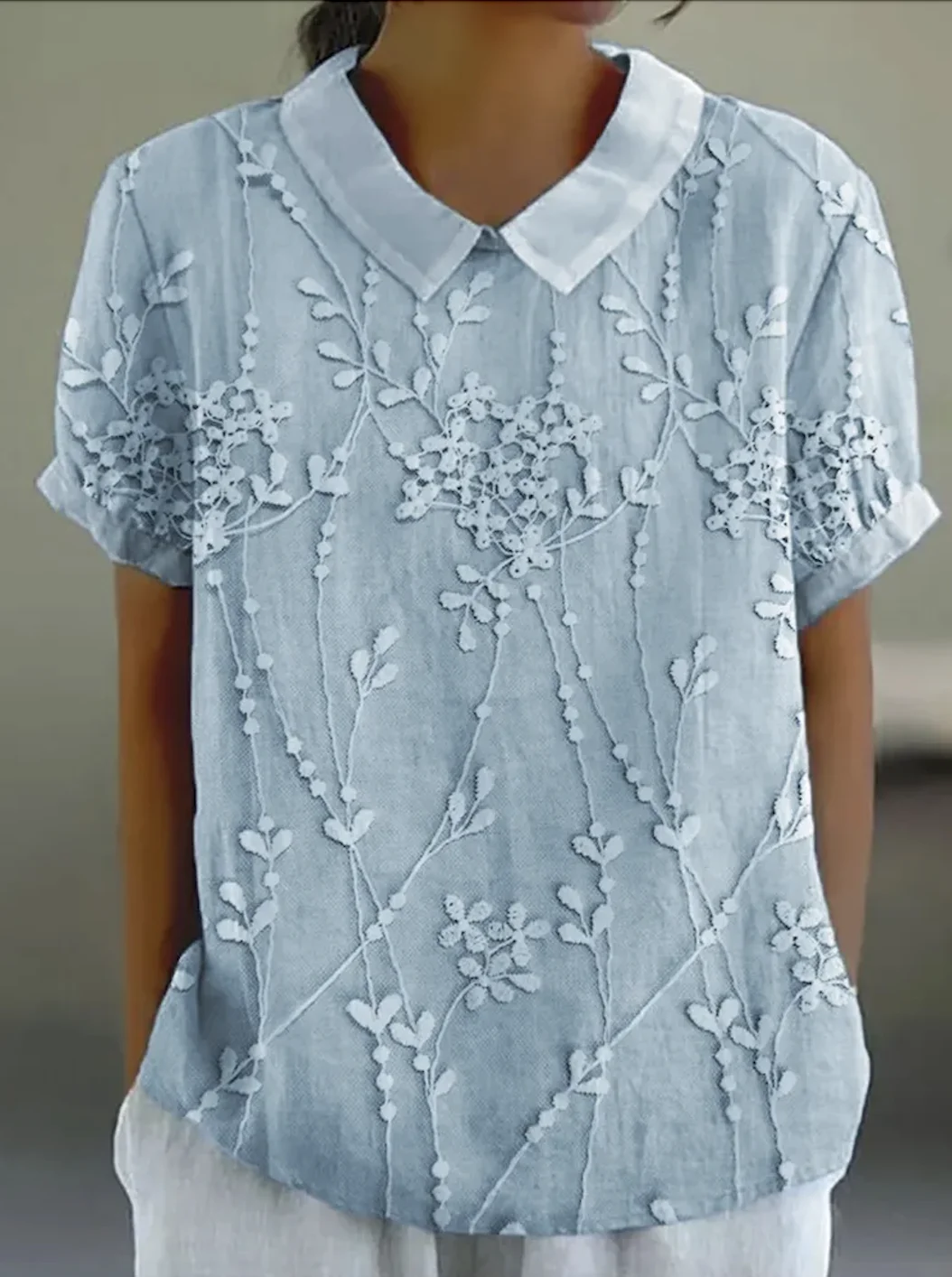 Shirt Collar Short Sleeve Floral Regular Micro-Elasticity Regular Fit Shirt For Women