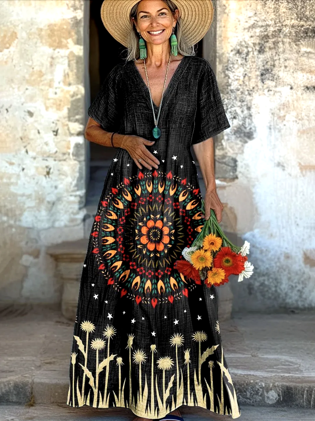 Women Floral V Neck Short Sleeve Comfy Casual Maxi Dress