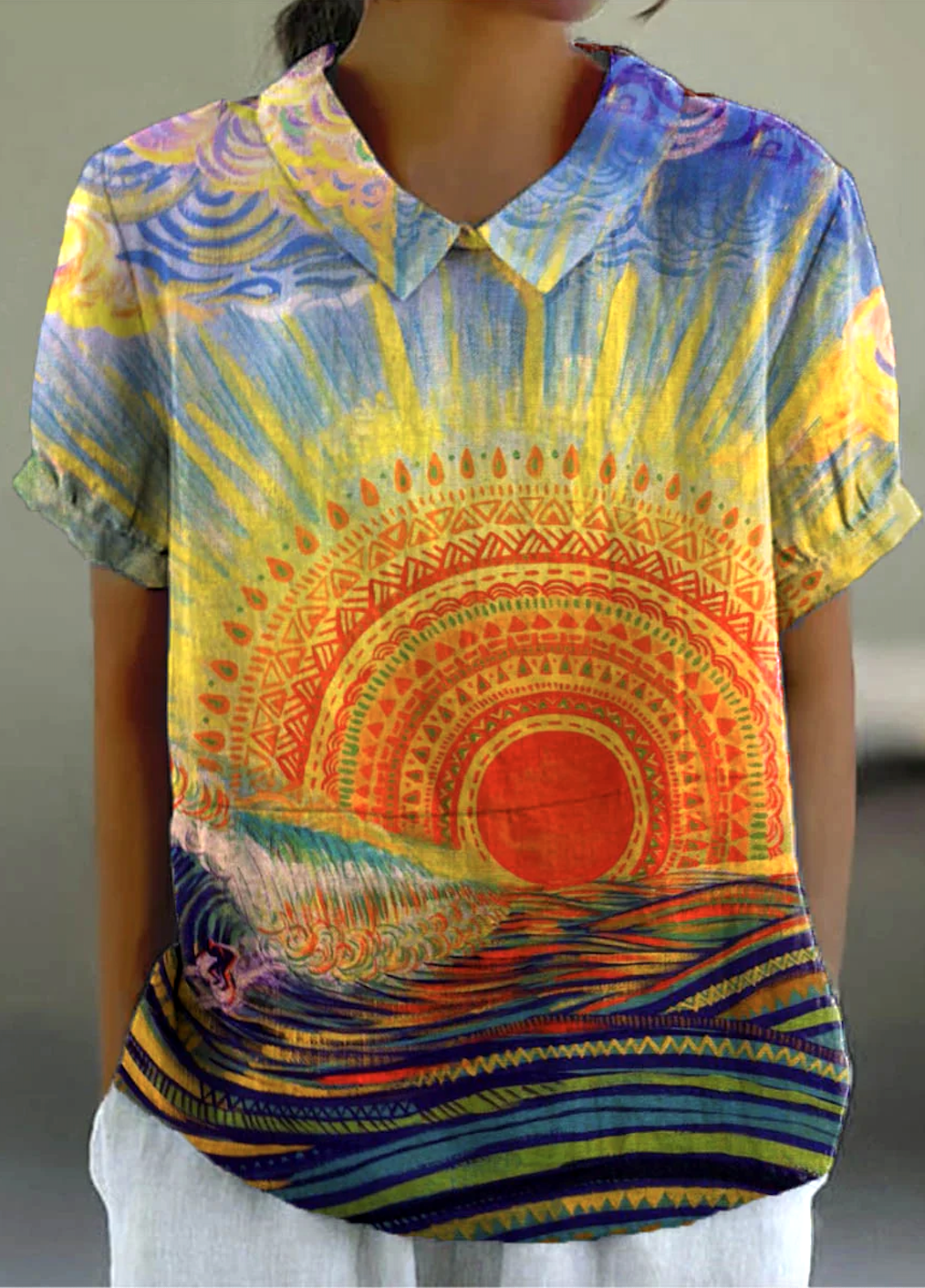 Shirt Collar Short Sleeve Floral Regular Micro-Elasticity Regular Fit Shirt For Women