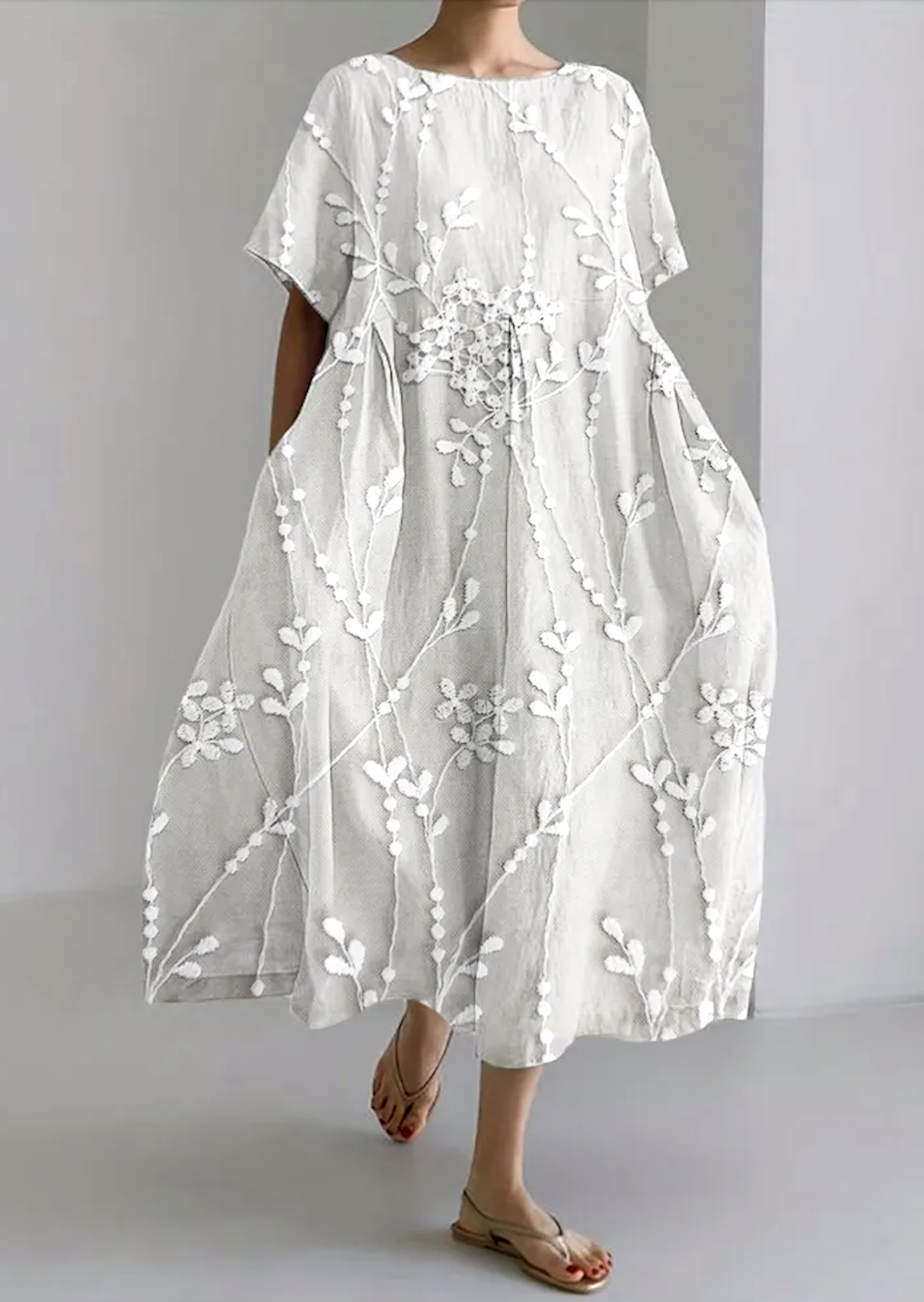 Women Floral Crew Neck Short Sleeve Comfy Casual Maxi Dress