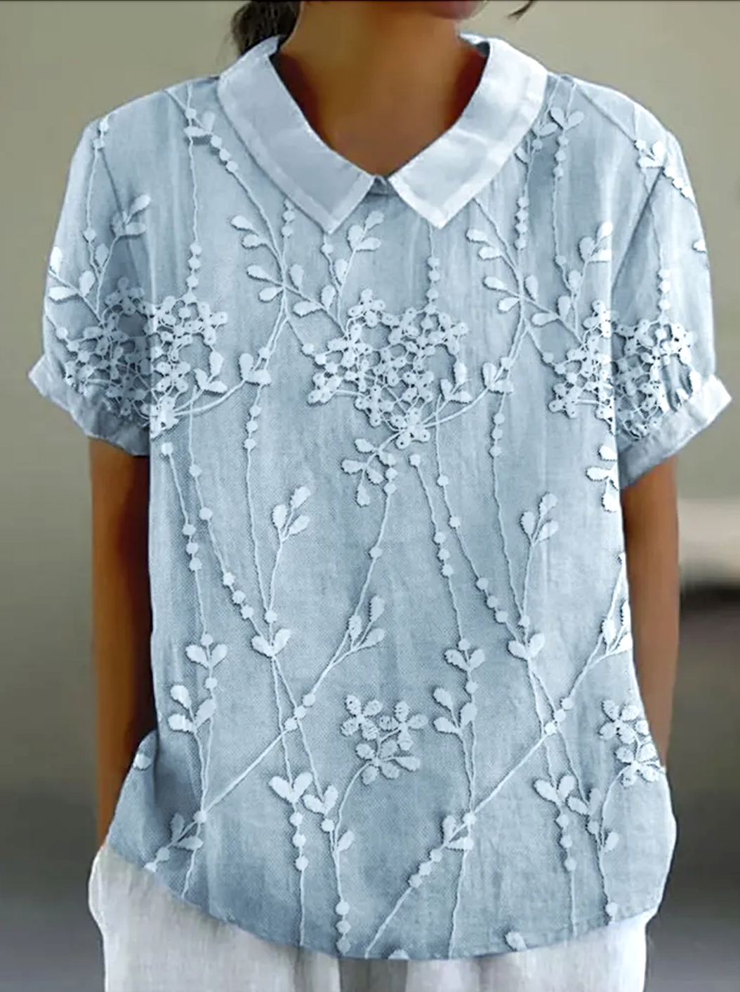 Shirt Collar Short Sleeve Floral Regular Micro-Elasticity Regular Fit Shirt For Women