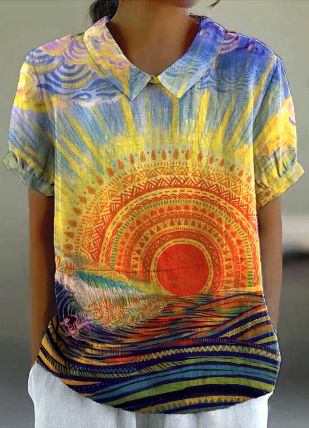 Shirt Collar Short Sleeve Floral Regular Micro-Elasticity Regular Fit Shirt For Women