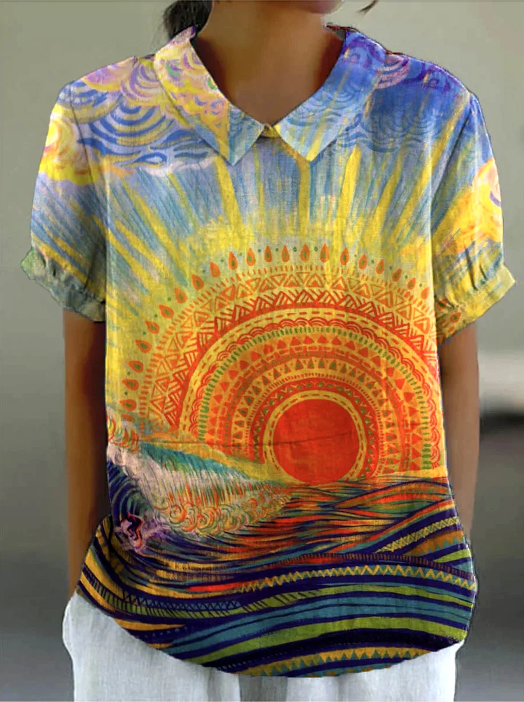 Shirt Collar Short Sleeve Floral Regular Micro-Elasticity Regular Fit Shirt For Women