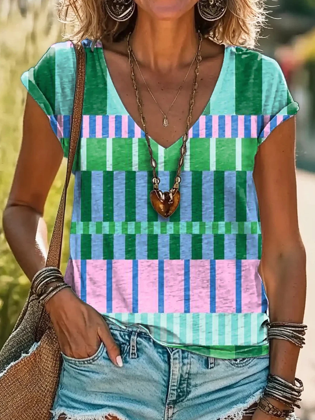 Casual Geometric V Neck Short Sleeve T-shirt