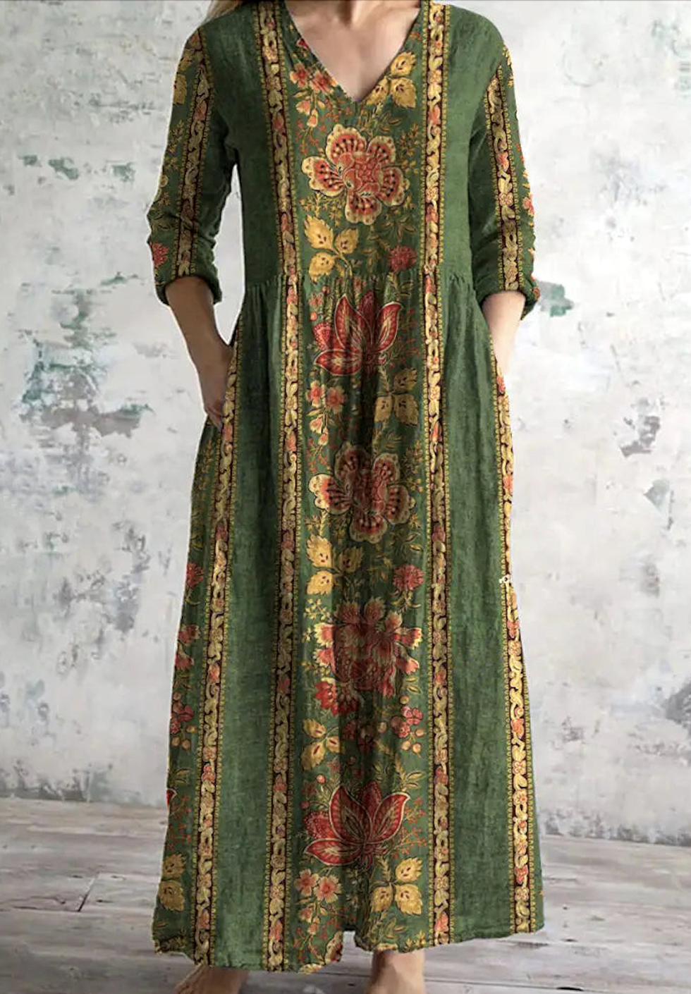 Women Floral V Neck Long Sleeve Comfy Casual Maxi Dress