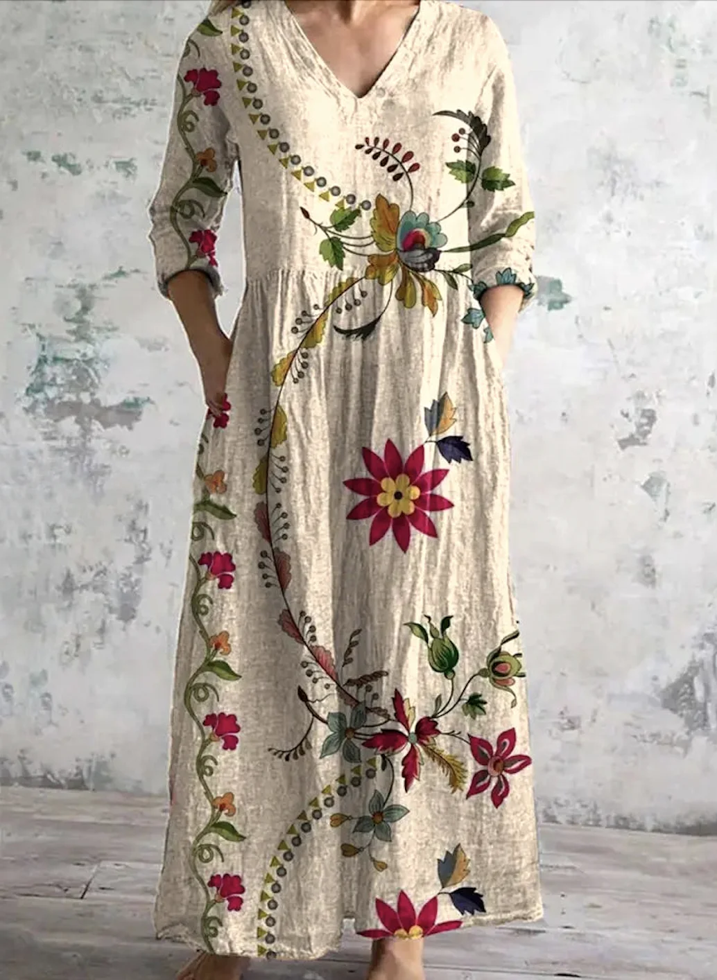 Women Floral V Neck Long Sleeve Comfy Casual Maxi Dress