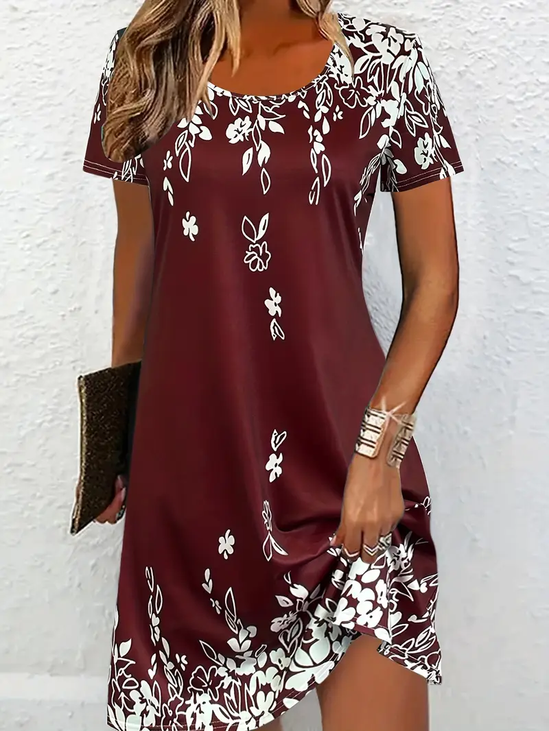 Women Floral Crew Neck Short Sleeve Comfy Casual Printing Mini Dress