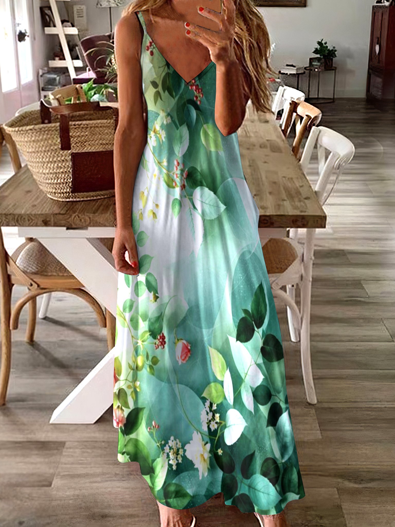 Women Geometric Spaghetti Sleeveless Comfy Casual Maxi Dress