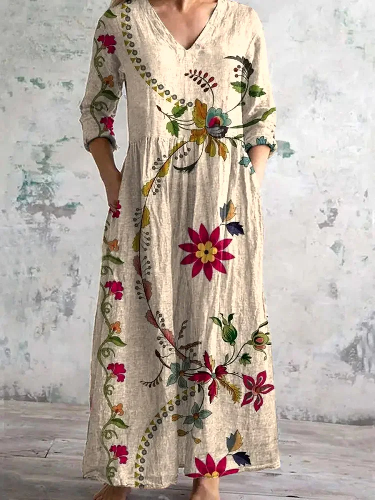 Women Floral V Neck Long Sleeve Comfy Casual Maxi Dress