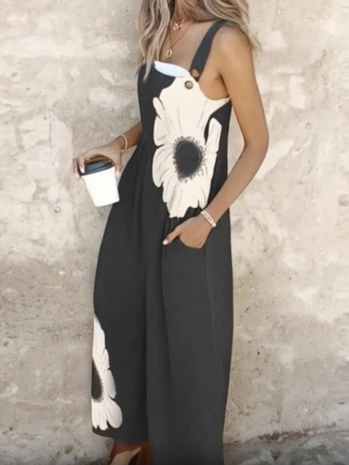 Holiday Breezy Floral Print Sleeveless Cotton And Linen Jumpsuit