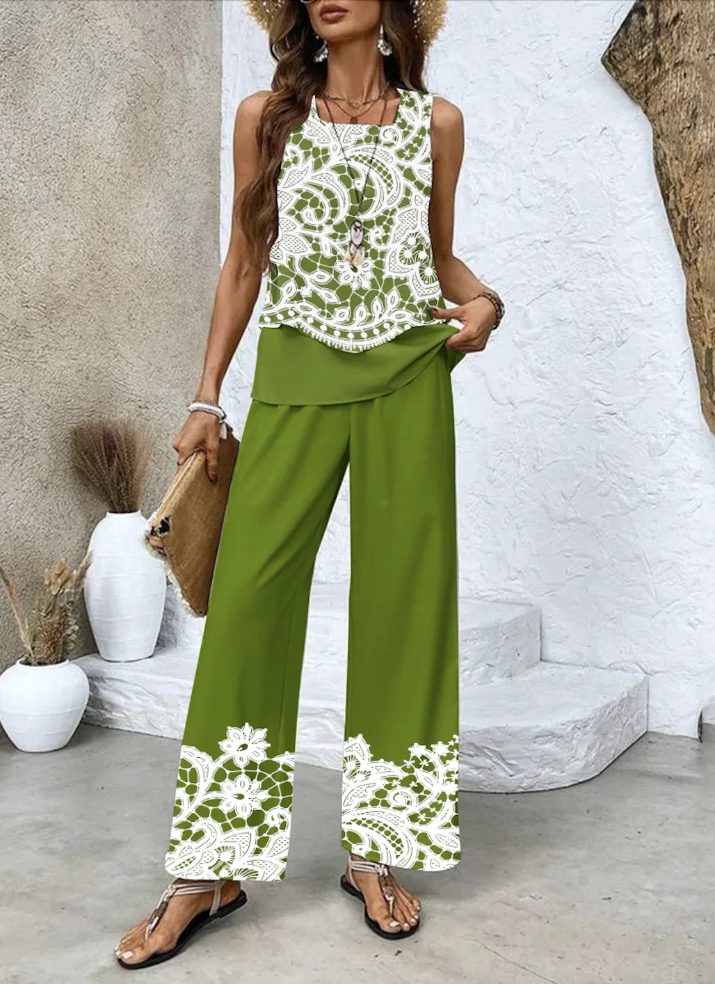 Women Floral Crew Neck Sleeveless Comfy Casual Two-Piece Set