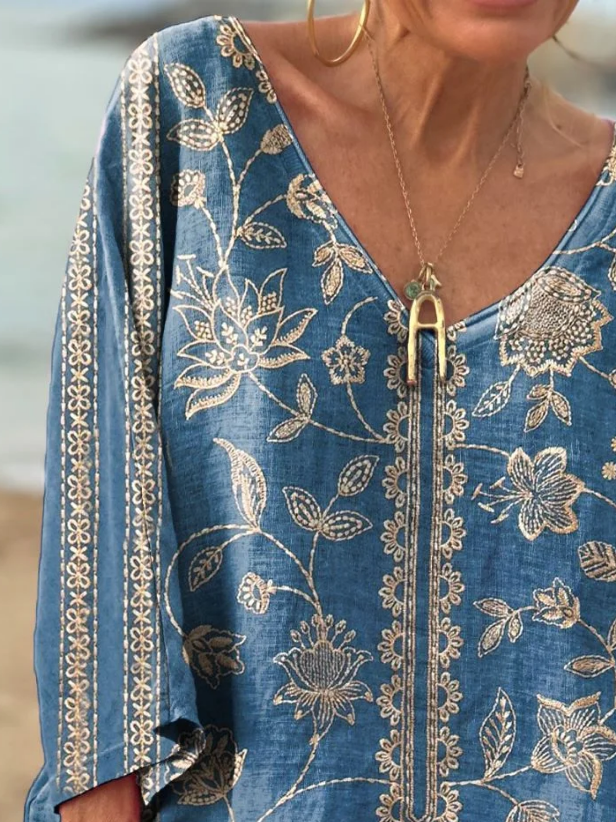 Casual Ethnic Floral Pattern V Neck Long Sleeve T-shirt