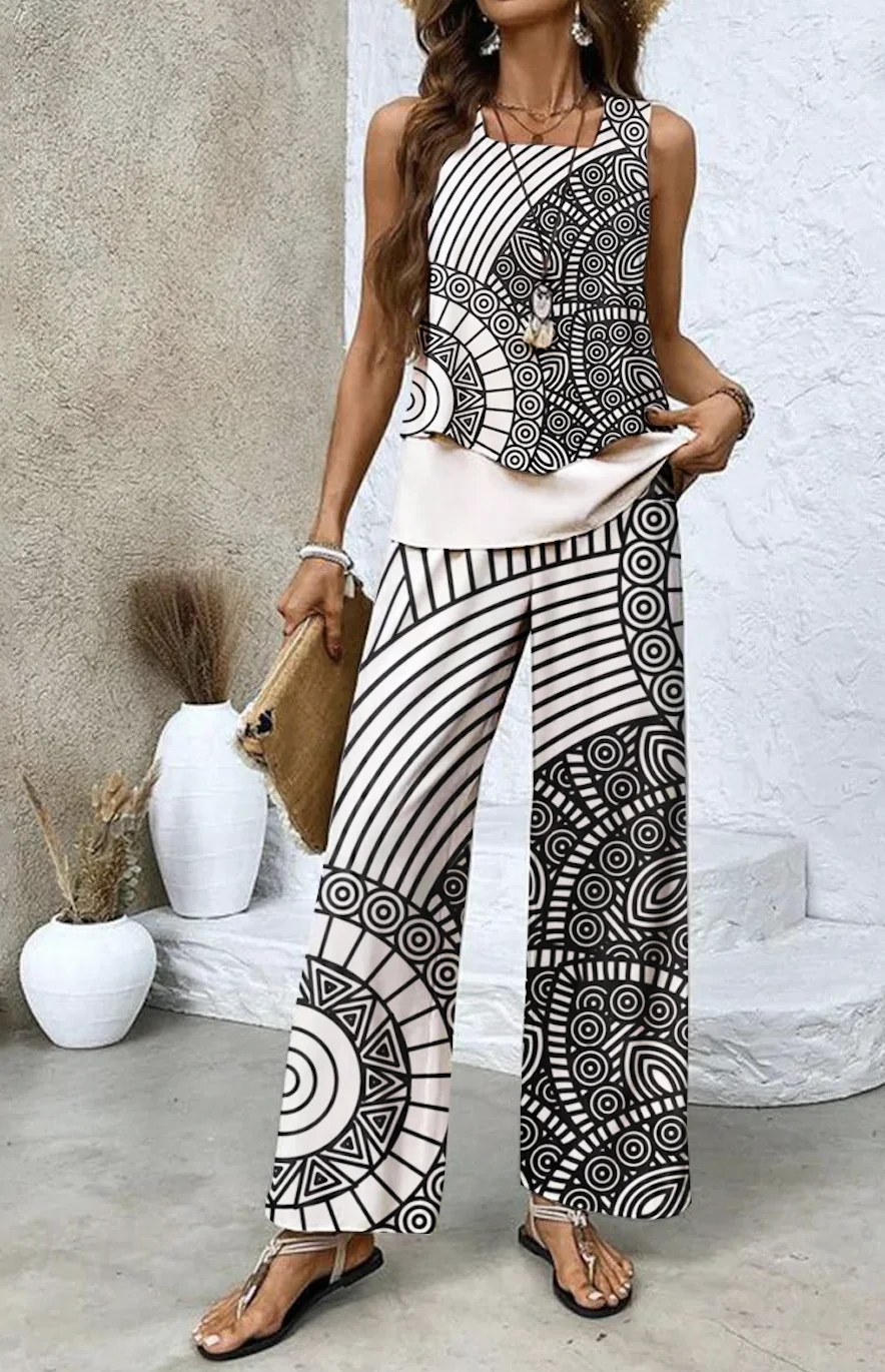 Women Floral Crew Neck Sleeveless Comfy Casual Two-Piece Set