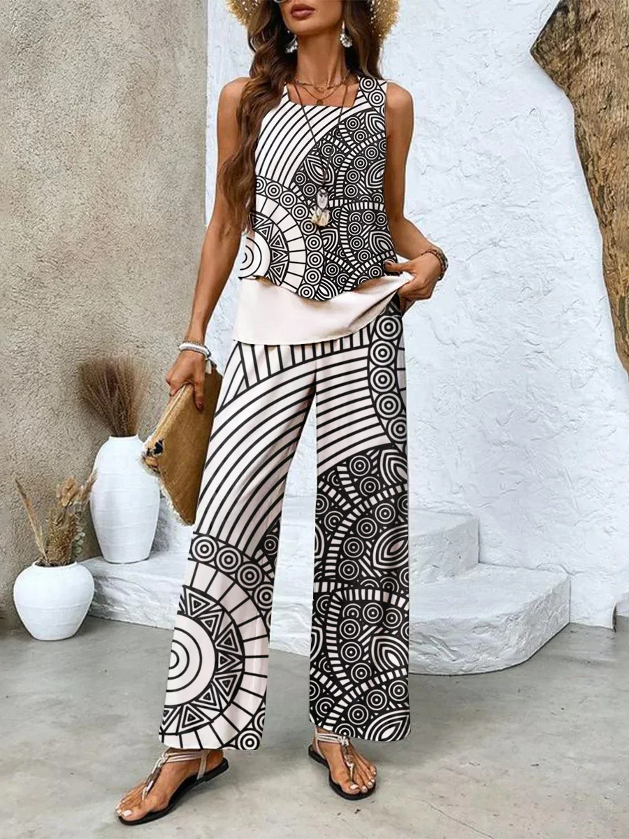 Women Floral Crew Neck Sleeveless Comfy Casual Two-Piece Set