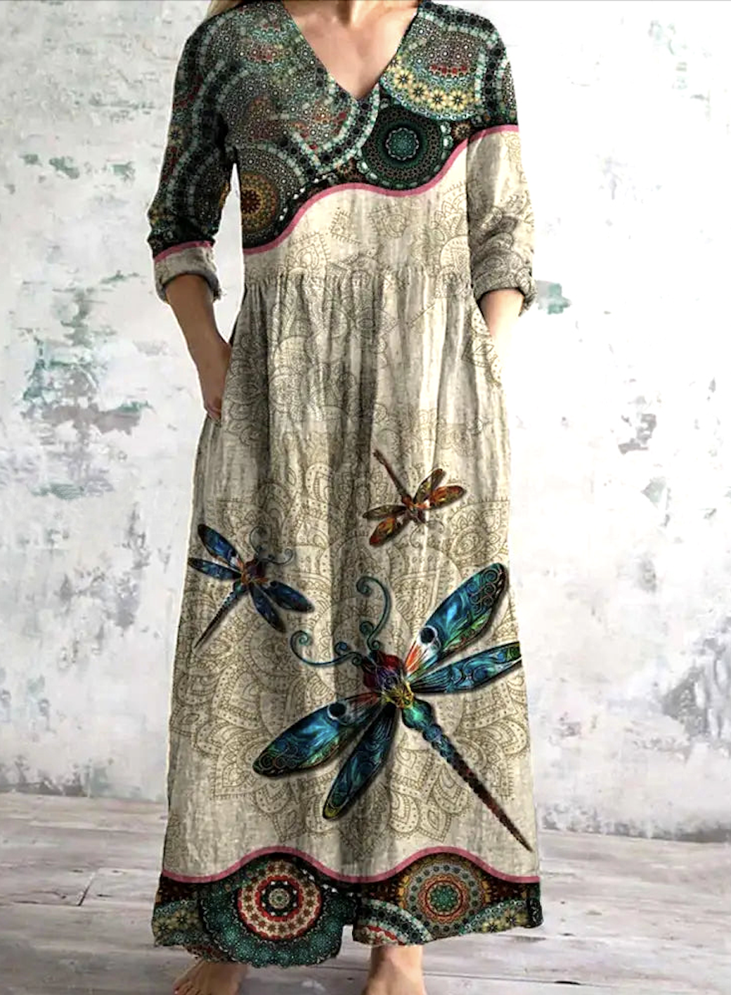 Women Floral V Neck Long Sleeve Comfy Casual Maxi Dress