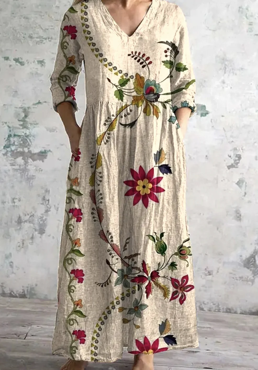 Women Floral V Neck Long Sleeve Comfy Casual Maxi Dress