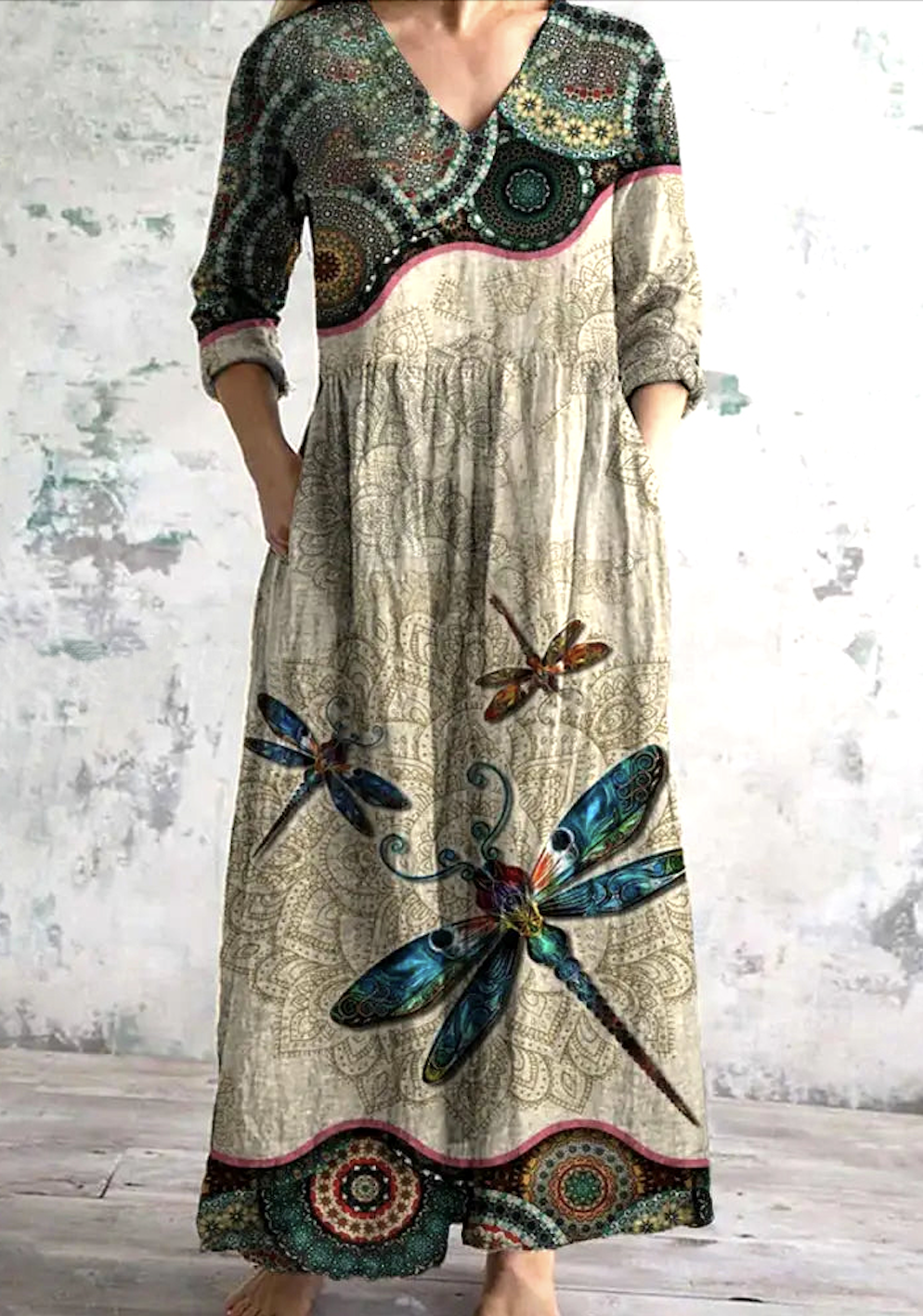 Women Floral V Neck Long Sleeve Comfy Casual Maxi Dress