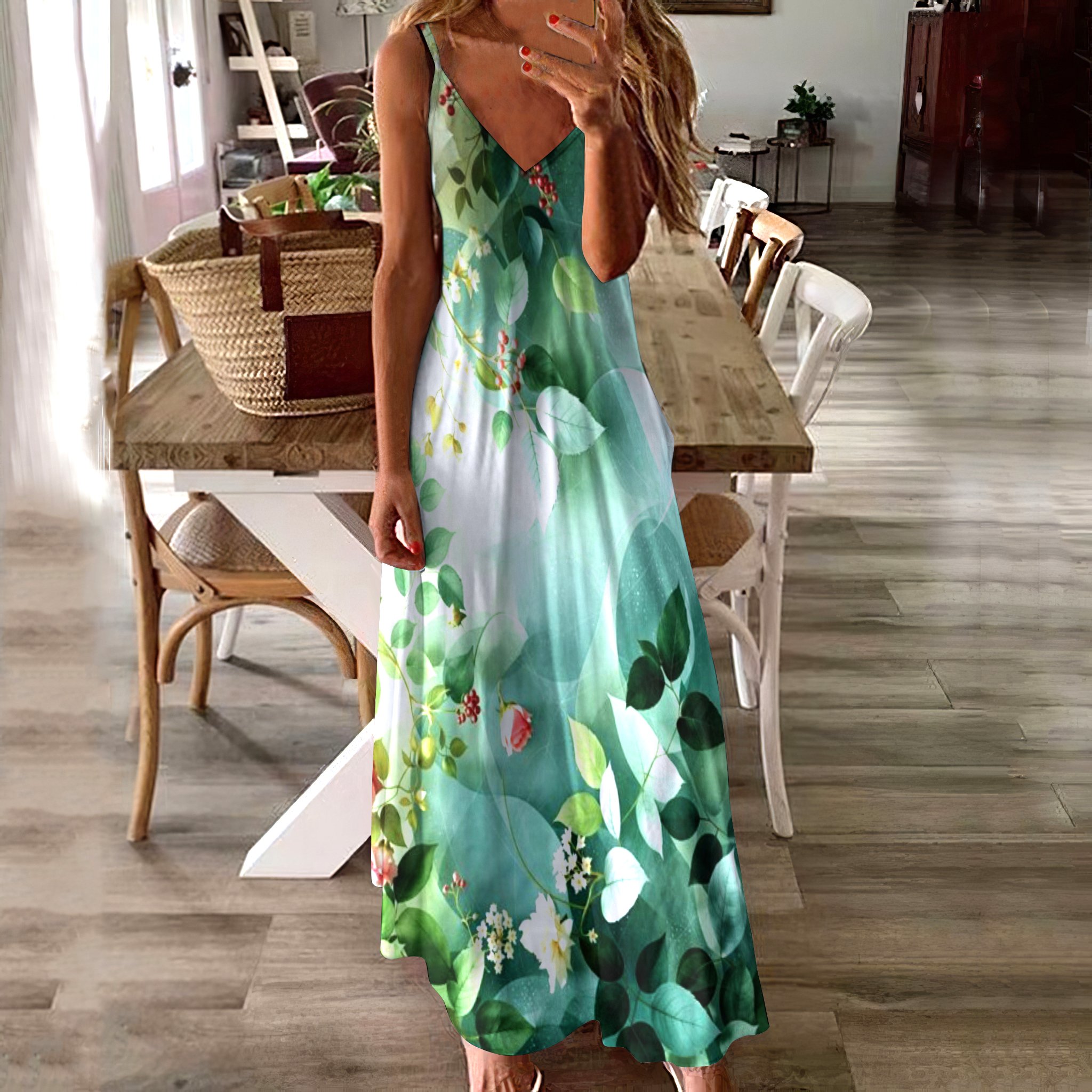 Women Geometric Spaghetti Sleeveless Comfy Casual Maxi Dress