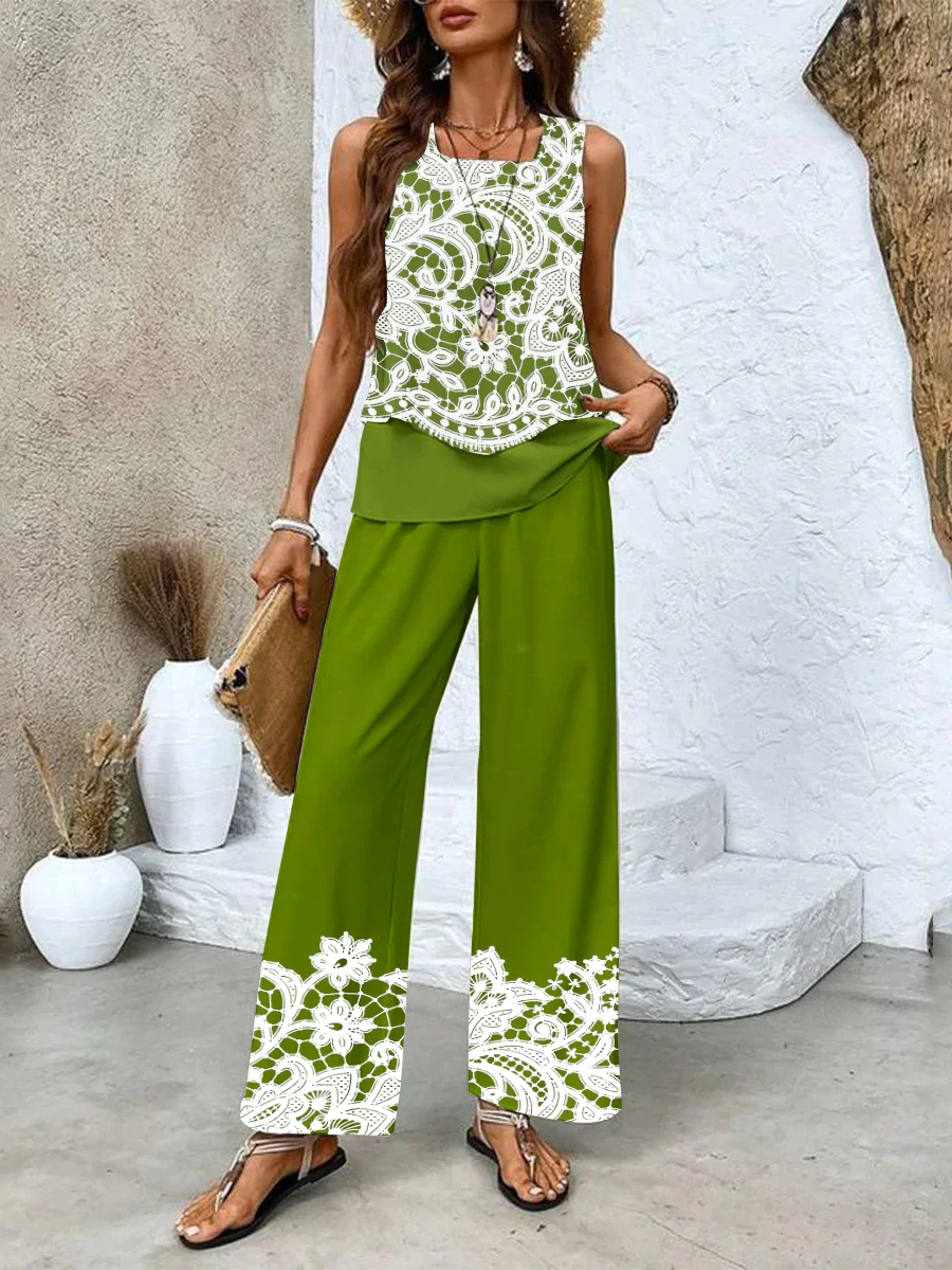 Women Floral Crew Neck Sleeveless Comfy Casual Two-Piece Set