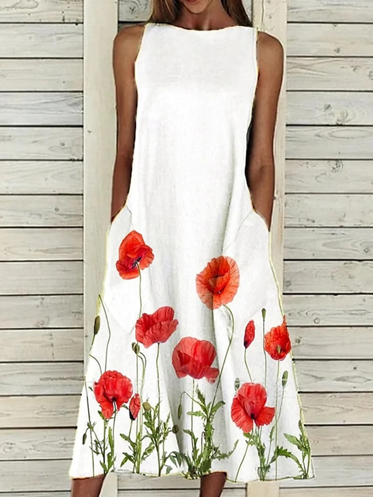 Women Floral Crew Neck Sleeveless Comfy Casual Maxi Dress