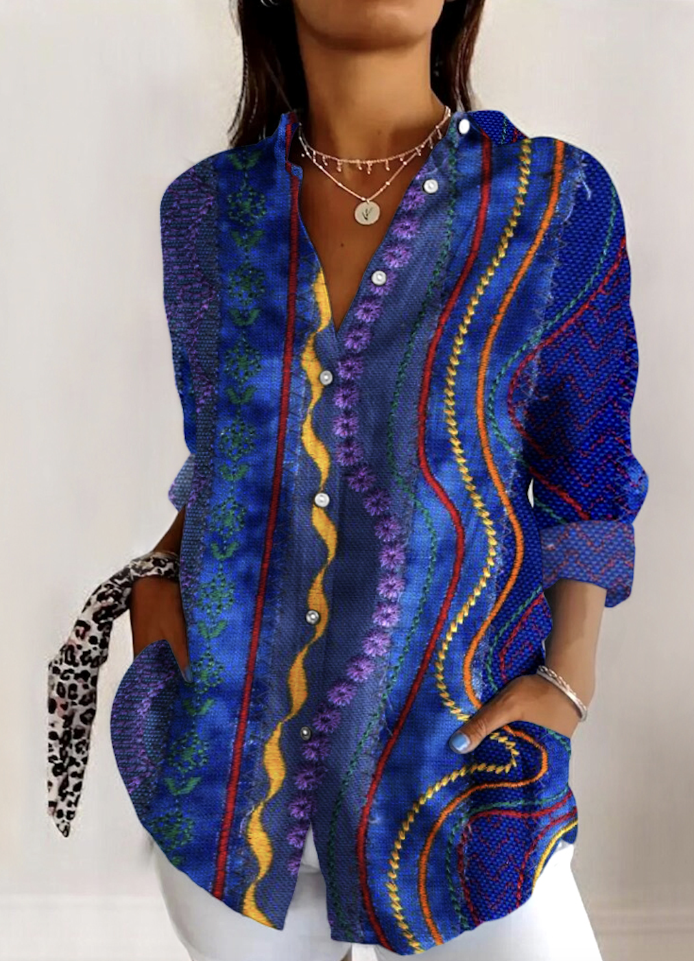 Shirt Collar Long Sleeve Floral Regular Micro-Elasticity Regular Fit Shirt For Women