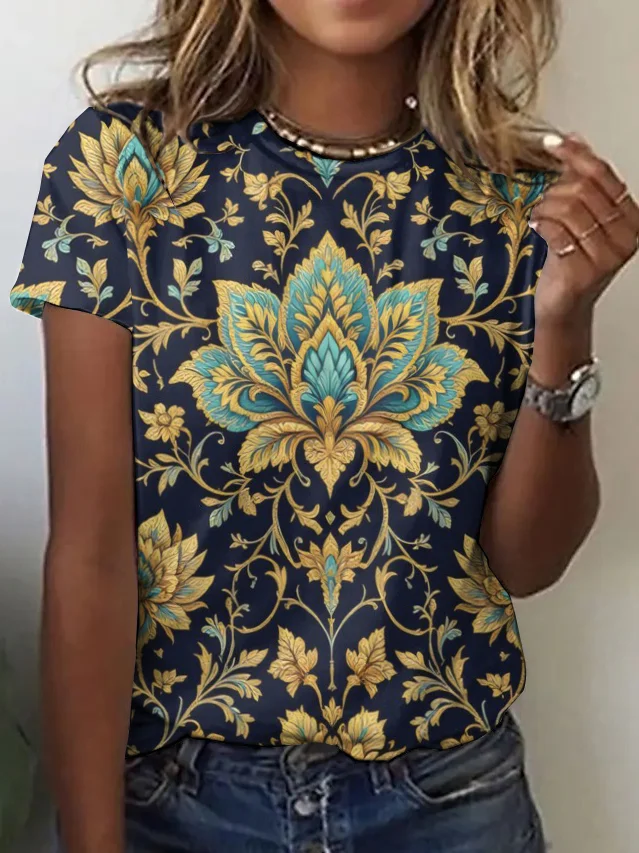 Casual Floral Crew Neck Short Sleeve T-shirt