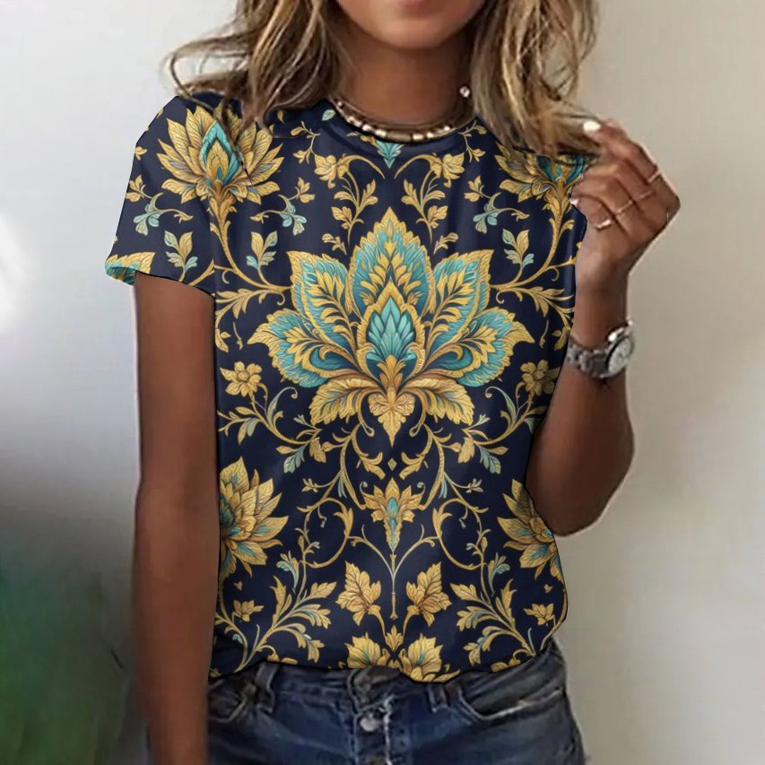 Casual Floral Crew Neck Short Sleeve T-shirt