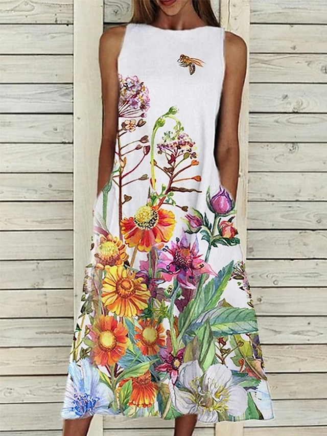 Women Floral Crew Neck Sleeveless Comfy Casual Maxi Dress